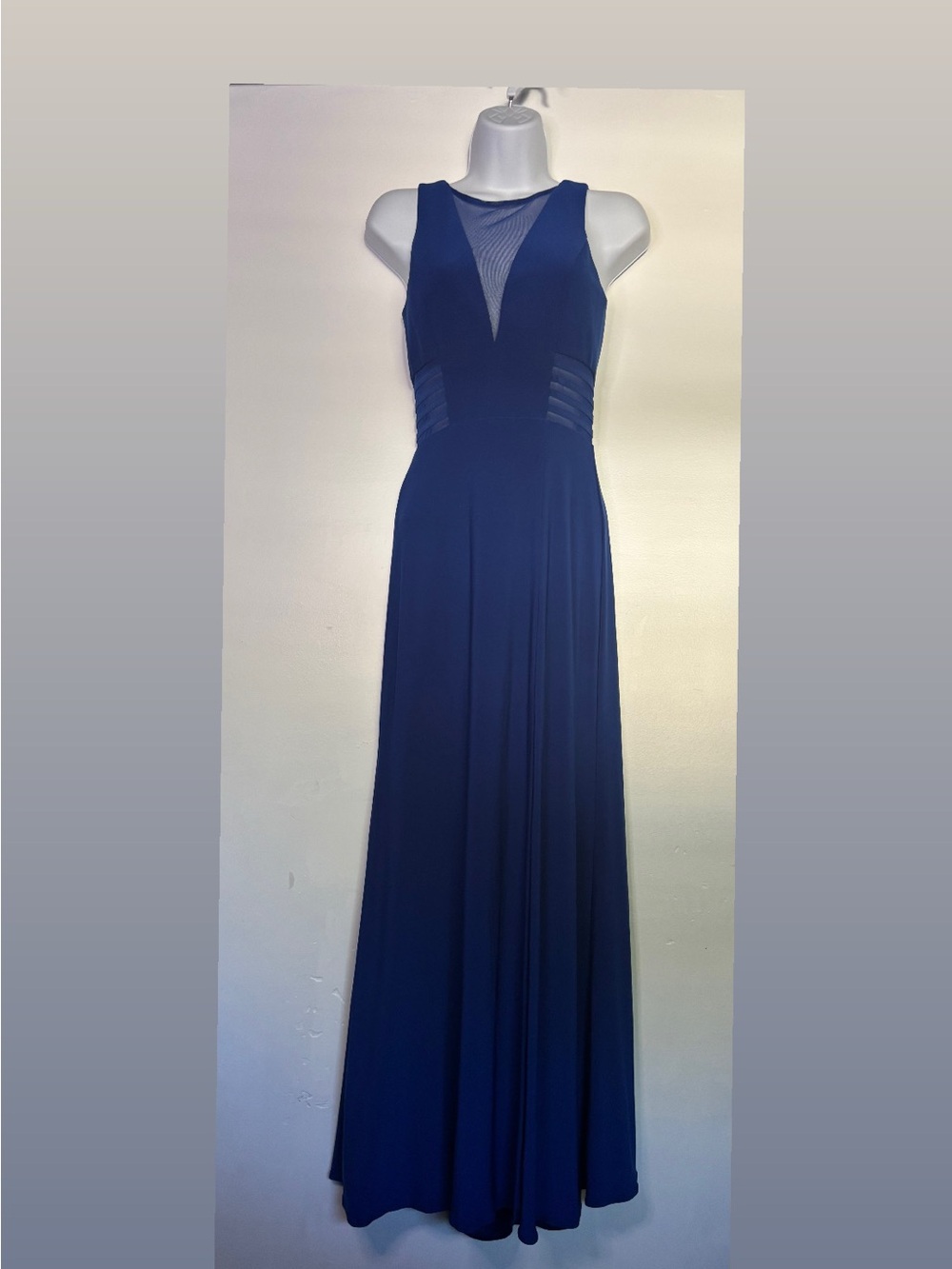 Morgan & Co. Royal Blue Mesh Illusion V-Neck Maxi Dress Size 3